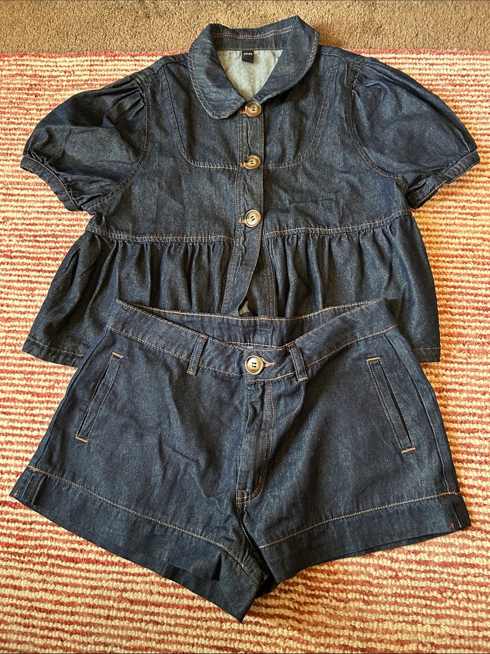 Cider Dark Blue Denim Button-Up Peplum Top and Shorts Set